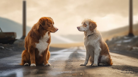 two Nova Scotia Duck Tolling Retriever sitting on the roadの素材