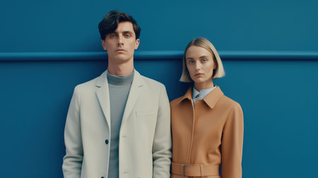 beautiful couple in stylish coats looking at camera while standing against blue wallの素材