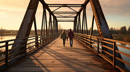 Young couple walking on the bridge over the river at sunset in autumnの素材