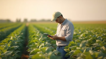 Farmer using tablet computer in field of soybean plants at sunsetの素材