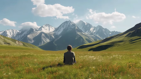 Woman sitting on the grassland and looking at the snowy mountains.の素材