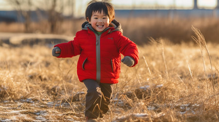 Cute asian little boy running in the field at winter timeの素材
