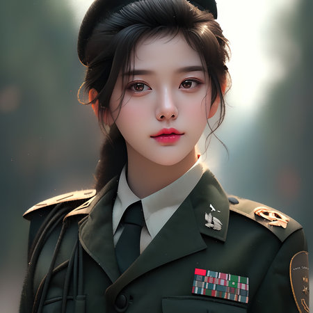 3d illustration of a beautiful asian woman in military uniform.の素材