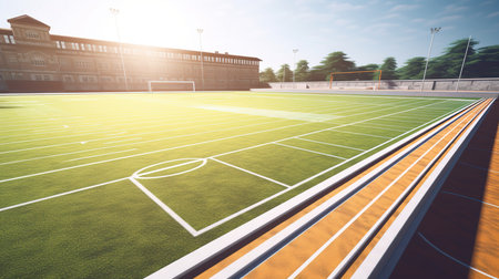 Soccer field with green grass at sunset. 3D Renderingの素材