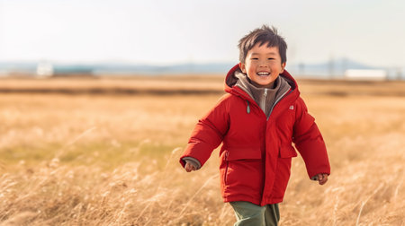 Cute little boy running in the field. Happy childhood concept.の素材