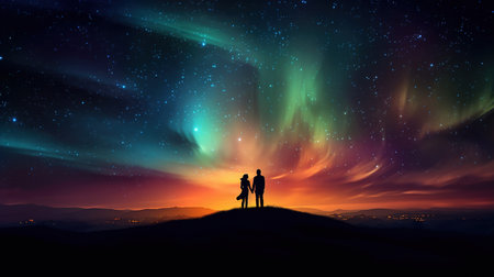 Silhouette of man and woman against night sky with aurora borealisの素材