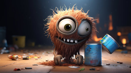 Funny monster with a tin can of oil. 3d illustrationの素材