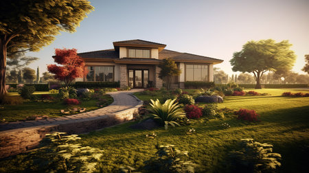 3D rendering of a beautiful villa in the countryside with a gardenの素材