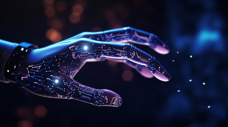 Robot hand on dark background 3D rendering toned image double exposureの素材