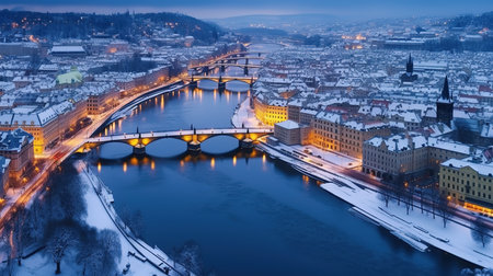 Prague, Czech Republic. Panoramic view of Vltava river at winter.の素材