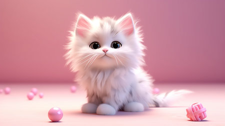Cute white persian kitten with pink balls on pink background.の素材