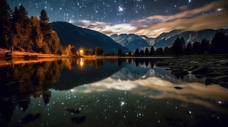 Mountain lake at night with starry sky and reflection in waterの素材