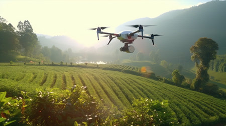Drone flying over tea plantation. 3d illustration of drone flying over tea plantation.の素材