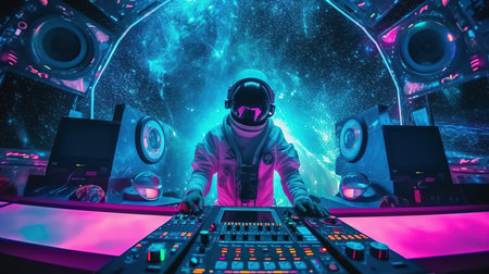 DJ mixing music on midi controller in futuristic space. Mixed mediaの素材