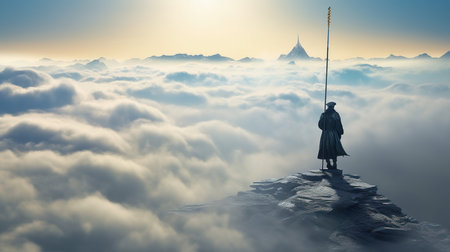 Fantasy image of a woman standing on top of a mountain and holding a flag.の素材