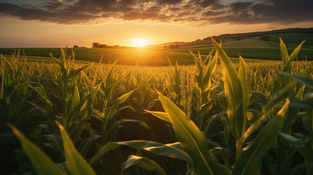 Sunset over corn field in South Moravia, Czech Republic.の素材