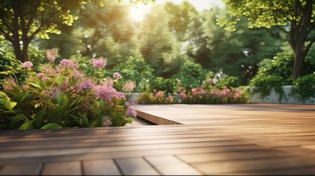 Wooden floor in the garden with beautiful flowers in the morning.の素材