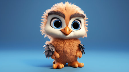 3D rendering of a cute cartoon owl with wings on blue backgroundの素材