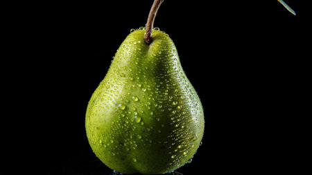 Green pear on a black background with water droplets, close-upの素材