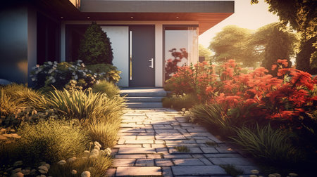 Luxury house exterior with garden design. 3D Renderingの素材