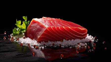 Raw fresh tuna fish with salt and herbs on a black background.の素材