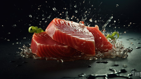 Fresh raw tuna fish with splashes of water on a black backgroundの素材