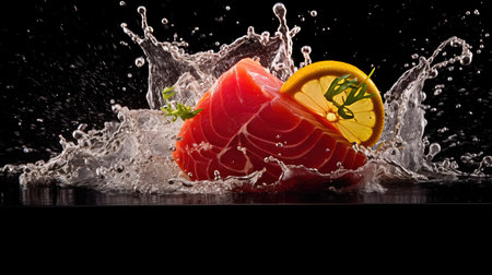 Fresh raw salmon with lemon slices and water splash isolated on black backgroundの素材