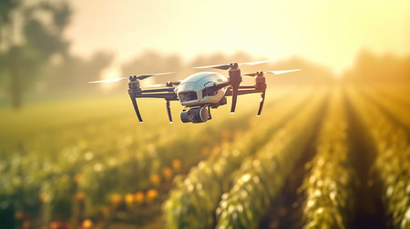 Drone quadcopter with digital camera flying over agricultural field.の素材