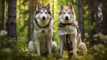 Two beautiful siberian husky dogs sitting in the green forestの素材
