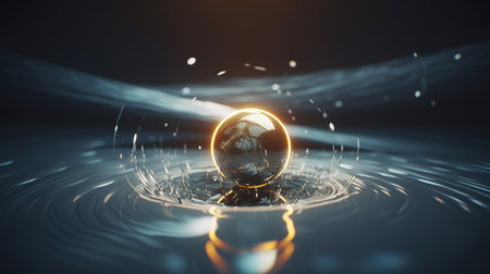 3D rendering of a crystal ball in the water with ripplesの素材