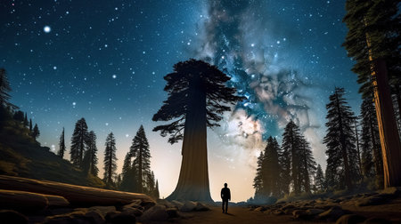Silhouette of a man standing on top of a giant tree and looking at the Milky Wayの素材