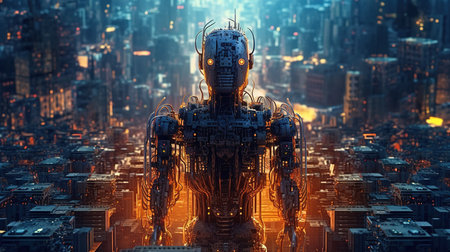 3D rendering of a robot in a futuristic city at night.の素材