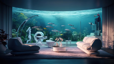 Interior of the underwater world. 3D rendering. Mixed mediaの素材