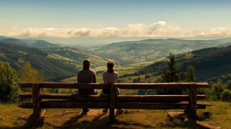 Couple sitting on a bench and looking at the mountain landscape.の素材
