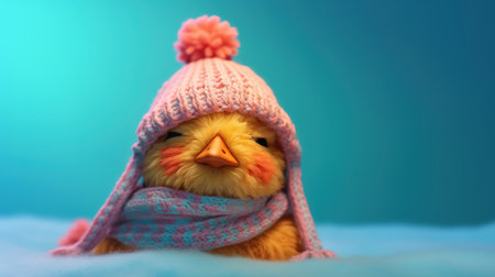 Cute little chicken in a pink hat and scarf on a blue backgroundの素材