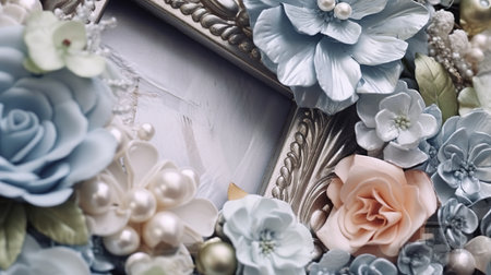 close up of vintage photo frame with flowers and pearls on itの素材