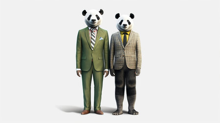 Panda man and woman in business suits. 3D rendering.の素材