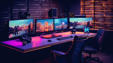 Modern computer room with a lot of monitors and screens. 3d renderingの素材