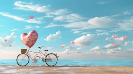 Bicycle on the beach with heart shaped balloon. 3D renderingの素材