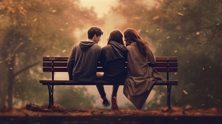 Young couple sitting on a bench in the park in the rain.の素材