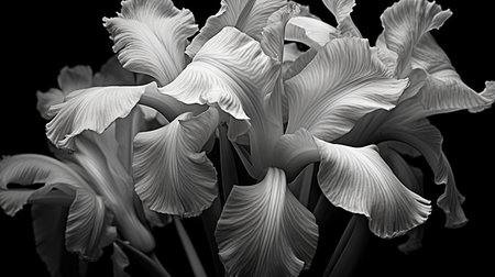 Beautiful iris flower on a black background, monochrome.の素材