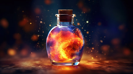 Magic potion in a bottle with fire on a dark background. 3d renderingの素材