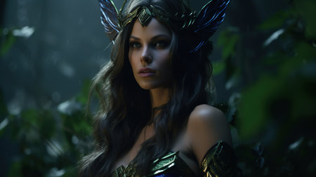 Beautiful young woman in a fantasy forest. Fairy tale. Halloween.の素材