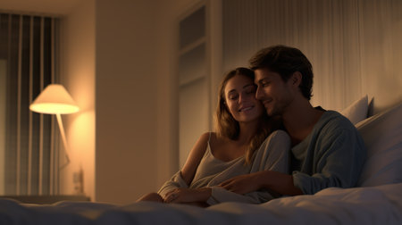 Couple in bed at night looking at each other and smiling.の素材