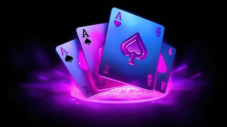 Illustration of playing cards in neon light on a dark background.の素材