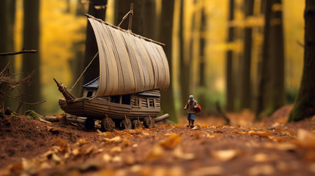 Miniature model of traveler with wooden ship in the autumn forest.の素材