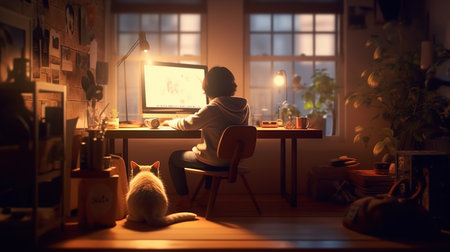 Young woman working on computer at night at home in the evening.の素材