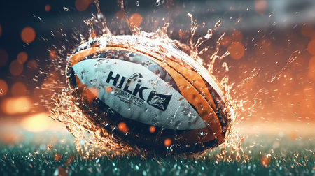 Rugby ball with splashes of water. 3d renderingの素材
