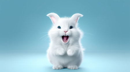 Cute white rabbit with tongue out on blue background. 3d renderingの素材