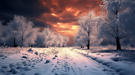 Winter landscape with snow covered trees and path in the park at sunsetの素材
